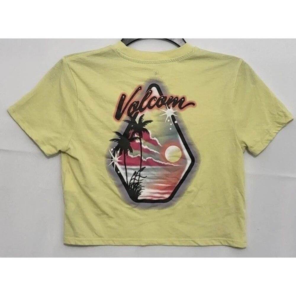 Volcom Girls L 10/12 Yellow Crop Boxy Pocket Graphic Surf Beach T-Shirt